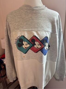 Disney Gray Crewneck Sweatshirt with Teal, Red, and Blue Mickey Panels